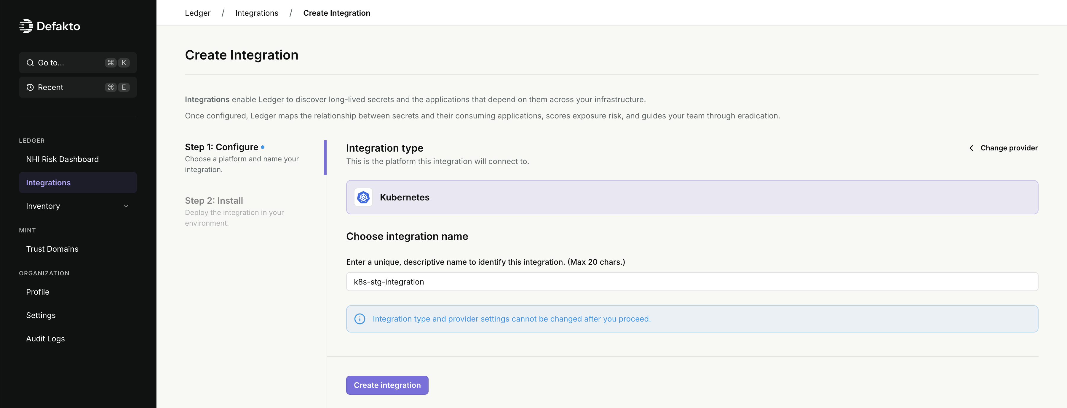 Ledger Kubernetes Integration Creation